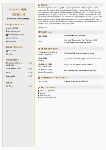 Biyoloji Öğretmeni CV Örnekleri cv indir